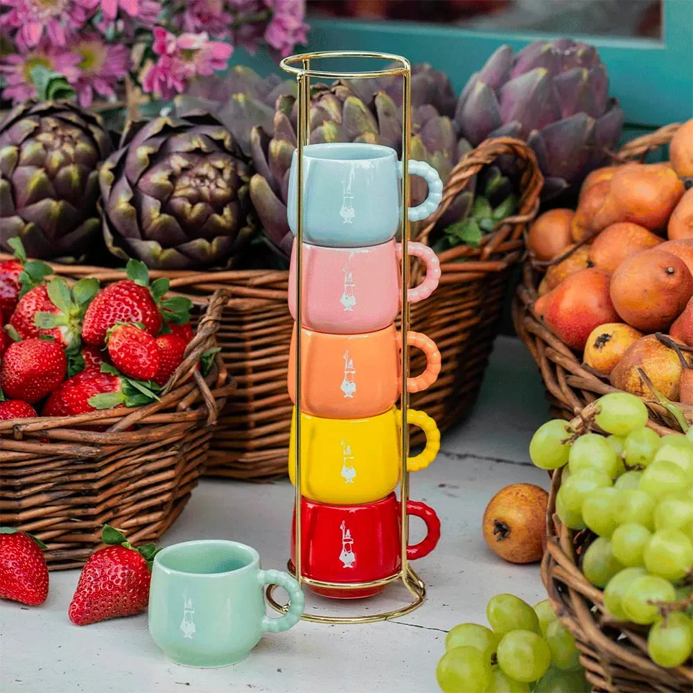 Mercato Della Frutta 6 stapelbare Espressotassen mit Metallgestell – Farbenmix