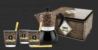 [JE5557] Geschenkbox Dolce & Gabbana Moka Express Induktion 4 Tassen Leopard + 3 Espressobecher und Rührstäbchen