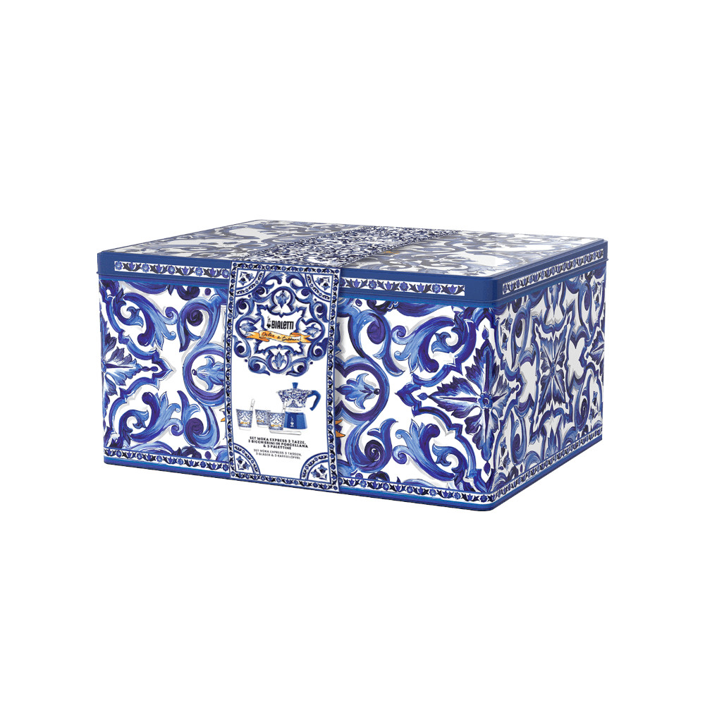 Geschenkbox Dolce & Gabbana Moka Express 6 Tassen Blu Mediterraneo + 3 Espressobecher und Rührstäbchen