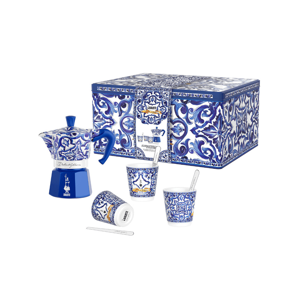 Geschenkbox Dolce & Gabbana Moka Express 3 Tassen Blu Mediterraneo + 3 Espressobecher und Rührstäbchen
