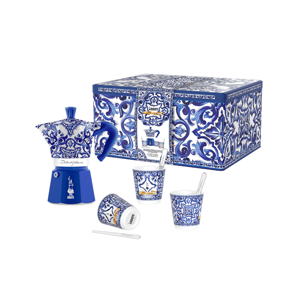 Geschenkbox Dolce & Gabbana Moka Express 6 Tassen Blu Mediterraneo + 3 Espressobecher und Rührstäbchen