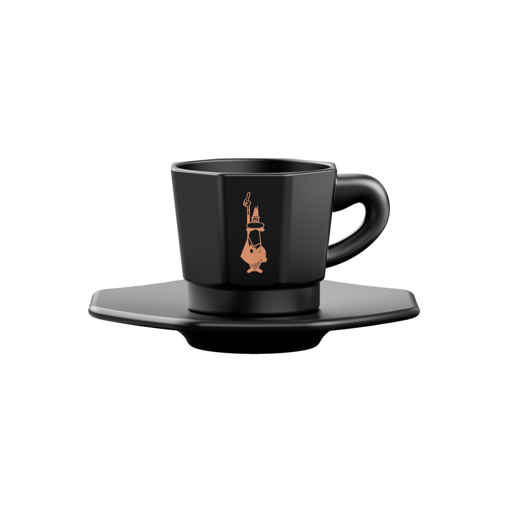 4 Stück achteckige Espressotassen mit Untertassen schwarz matt