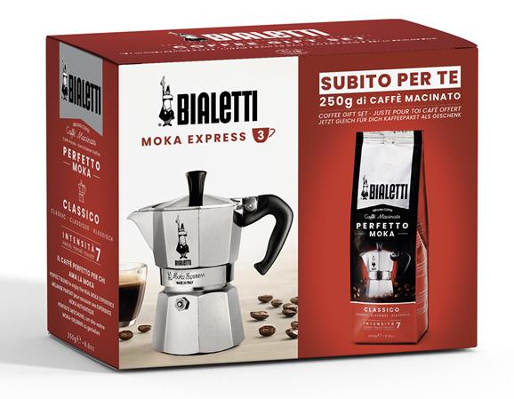 Moka Express Set 3 Tassen + Perfetto Moka Cassico 250g