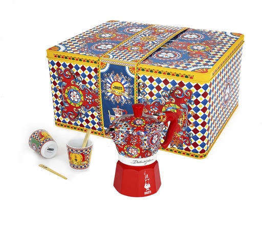[JE5332] Geschenkbox Dolce & Gabbana Moka Express 2 Tassen Carretto Siciliano + 2 Espressobecher und Rührstäbchen